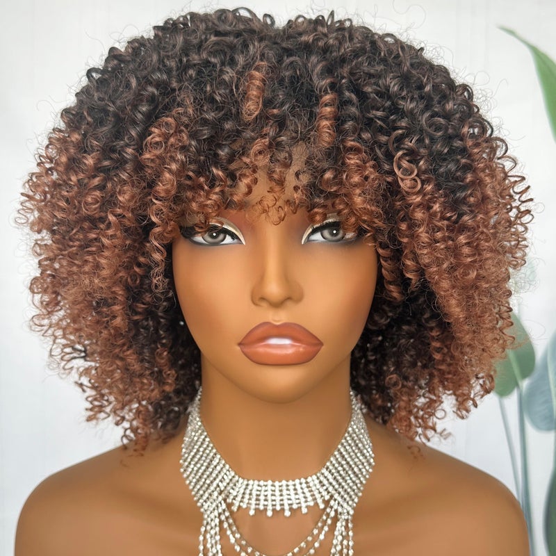 SOKU Short Curly Hair Full Wigs with Bangs 10 Inch Ombre Brown Afro Kinky Curly Wigs for Black Women Glueless Synthetic Bomb Hair Heat Friendly for Cosplay and Daily